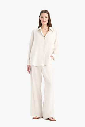 DeFacto Keten Karışımlı Pantolon Wide Leg Geniş Bol Paça Basic Düz Çift Cepli Yüksek Bel Standart Boy C6021AX25SPBG286