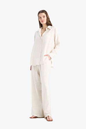 DeFacto Keten Karışımlı Pantolon Wide Leg Geniş Bol Paça Basic Düz Çift Cepli Yüksek Bel Standart Boy C6021AX25SPBG286