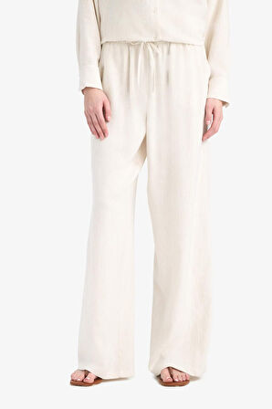 DeFacto Keten Karışımlı Pantolon Wide Leg Geniş Bol Paça Basic Düz Çift Cepli Yüksek Bel Standart Boy C6021AX25SPBG286