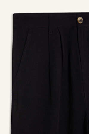 Wide Leg Fermuarlı Normal Bel Standart Boy Geniş Paça Keten Karışımlı Pantolon