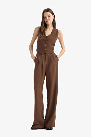 Wide Leg Fermuarlı Normal Bel Standart Boy Keten Karışımlı Pantolon