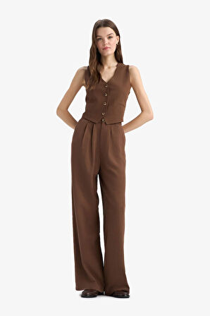 Wide Leg Fermuarlı Normal Bel Standart Boy Keten Karışımlı Pantolon