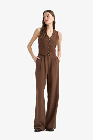 Wide Leg Fermuarlı Normal Bel Standart Boy Keten Karışımlı Pantolon