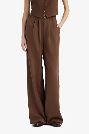 Wide Leg Fermuarlı Normal Bel Standart Boy Keten Karışımlı Pantolon
