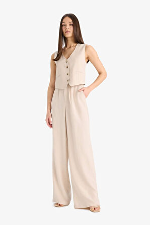 Wide Leg Fermuarlı Normal Bel Standart Boy Geniş Paça Keten Karışımlı Pantolon
