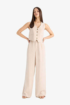 Wide Leg Fermuarlı Normal Bel Standart Boy Geniş Paça Keten Karışımlı Pantolon
