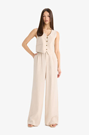 Wide Leg Fermuarlı Normal Bel Standart Boy Geniş Paça Keten Karışımlı Pantolon