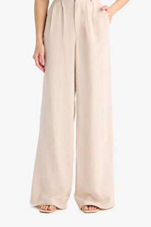 Wide Leg Fermuarlı Normal Bel Standart Boy Geniş Paça Keten Karışımlı Pantolon