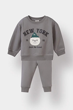Erkek Bebek Hayvan Desenli İnce Sweatshirt Kumaşı 2'li Takım