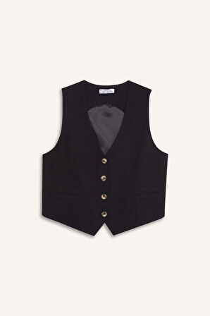 	V Yaka Keten Karışımlı Blazer Yelek