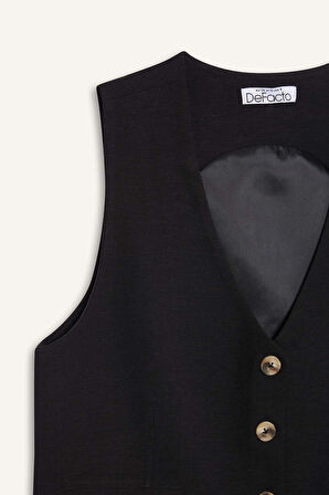 	V Yaka Keten Karışımlı Blazer Yelek