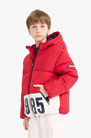 Erkek Çocuk Su Geçirmez Kapüşonlu Fermuarlı Şişme Mont 