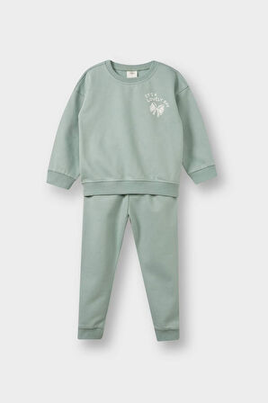 Kız Bebek 2'li Takım İçi Yumuşak Tüylü Baskılı Sweatshirt Eşofman Altı