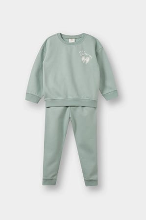 Defacto E8995A5GN50 Yeşil Kız Bebek 2'li Takım İçi Yumuşak Tüylü Baskılı Sweatshirt Eşofman Altı