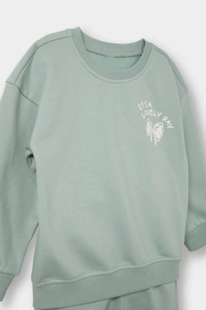 Defacto E8995A5GN50 Yeşil Kız Bebek 2'li Takım İçi Yumuşak Tüylü Baskılı Sweatshirt Eşofman Altı