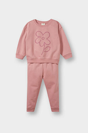Kız Bebek 2'li Takım İçi Yumuşak Tüylü Baskılı Sweatshirt Eşofman Altı