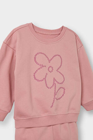 Kız Bebek 2'li Takım İçi Yumuşak Tüylü Baskılı Sweatshirt Eşofman Altı