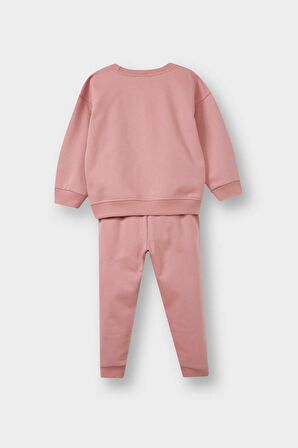 Kız Bebek 2'li Takım İçi Yumuşak Tüylü Baskılı Sweatshirt Eşofman Altı