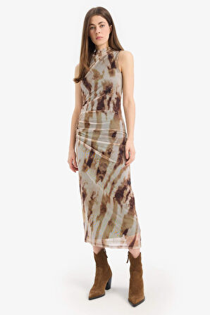 Bodycon Vücudu Saran Batik Tül Kolsuz Maxi Elbise