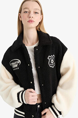 Coool Oversize Geniş Kalıp Polo Yaka Pelüş Bomber Ceket