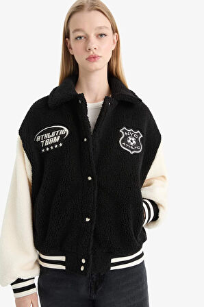 Coool Oversize Geniş Kalıp Polo Yaka Pelüş Bomber Ceket