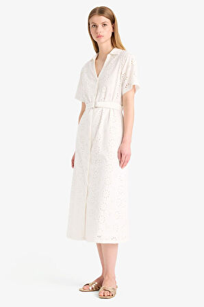 Gömlek Yaka Brode Kısa Kollu Midi Elbise