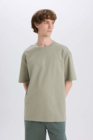 %100 Pamuk Boxy Fit Bisiklet Yaka Sırt Baskılı Kısa Kollu Tişört