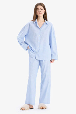 DeFacto Çizgili Uzun Boy Poplin Pijama Altı-Fall in Love E5769AX25SPBE747