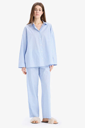 DeFacto Fall in Love Çizgili Uzun Boy Poplin Pijama Altı E5769AX25SPBE747