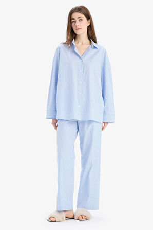 DeFacto Fall in Love Çizgili Uzun Boy Poplin Pijama Altı E5769AX25SPBE747