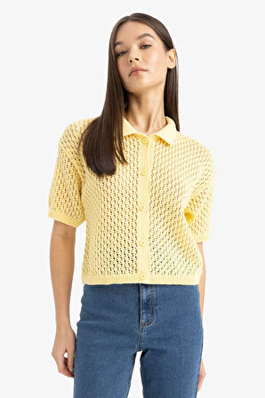 Slim Fit Dar Kesim Polo Yaka Düğmeli Kroşe Hırka