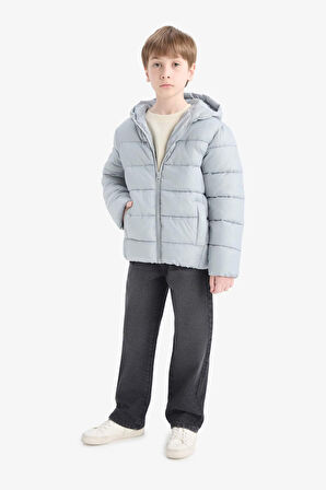 Erkek Çocuk Su İtici Kapüşonlu Fermuarlı Şişme Mont