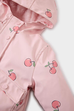 Kız Bebek Rüzgar Geçirmez Su Geçirmez Kapüşonlu Desenli Çıtçıtlı Cepli Mont