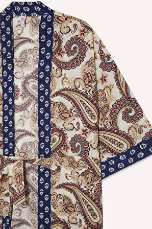 Regular Fit Kuşaklı Etnik Desenli Pamuklu Kimono-Fall in Love