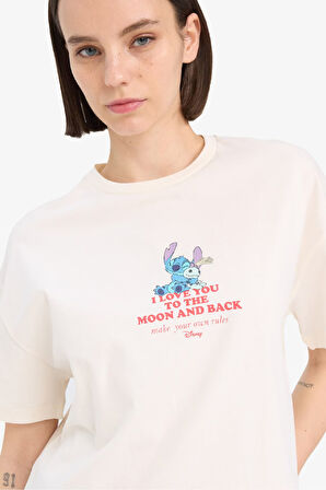 Coool Disney Lilo & Stitch Oversize Geniş Kalıp Bisiklet Yaka Baskılı Kısa Kollu Tişört