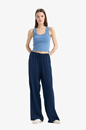 	Keten Karışımlı Pantolon Wide Leg Geniş Bol Paça Üç Cepli Normal Bel Basic Düz Standart Boy