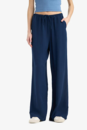 	Keten Karışımlı Pantolon Wide Leg Geniş Bol Paça Üç Cepli Normal Bel Basic Düz Standart Boy