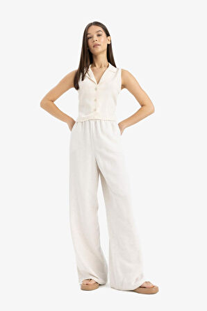 	Keten Karışımlı Pantolon Wide Leg Geniş Bol Paça Üç Cepli Normal Bel Basic Düz Standart Boy