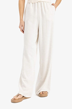 	Keten Karışımlı Pantolon Wide Leg Geniş Bol Paça Üç Cepli Normal Bel Basic Düz Standart Boy