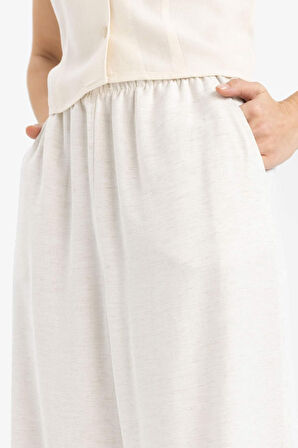 	Keten Karışımlı Pantolon Wide Leg Geniş Bol Paça Üç Cepli Normal Bel Basic Düz Standart Boy