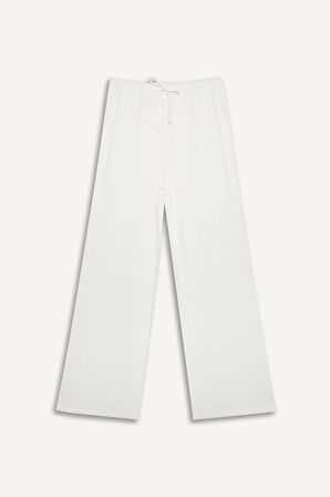 	Keten Karışımlı Pantolon Wide Leg Geniş Bol Paça Üç Cepli Normal Bel Basic Düz Standart Boy