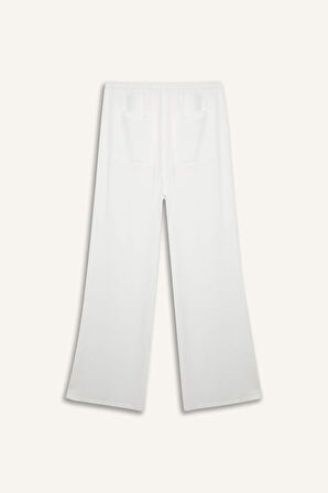 	Keten Karışımlı Pantolon Wide Leg Geniş Bol Paça Üç Cepli Normal Bel Basic Düz Standart Boy