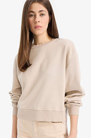 Boxy Fit Bisiklet Yaka Basic Düz Kalın Sweatshirt