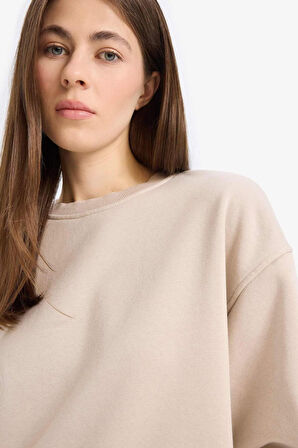 Boxy Fit Bisiklet Yaka Basic Düz Kalın Sweatshirt