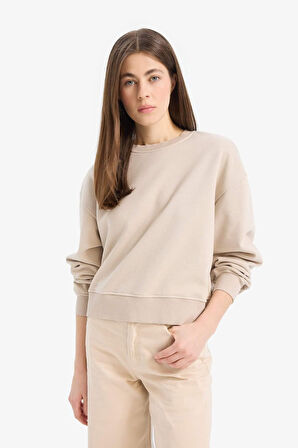 Boxy Fit Bisiklet Yaka Basic Düz Kalın Sweatshirt