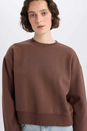 Boxy Fit Bisiklet Yaka Basic Düz Kalın Sweatshirt