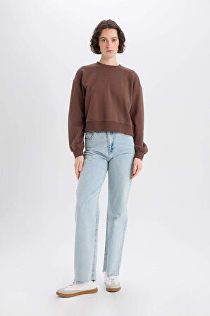 Boxy Fit Bisiklet Yaka Basic Düz Kalın Sweatshirt