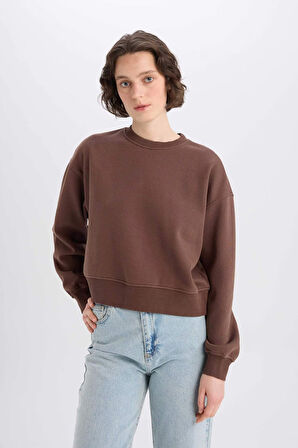 Boxy Fit Bisiklet Yaka Basic Düz Kalın Sweatshirt