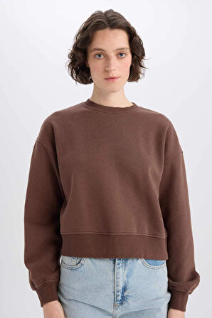 Boxy Fit Bisiklet Yaka Basic Düz Kalın Sweatshirt