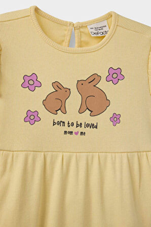 Kız Bebek Yenidoğan Baskılı Fitilli Kaşkorse Kısa Kollu Tulum